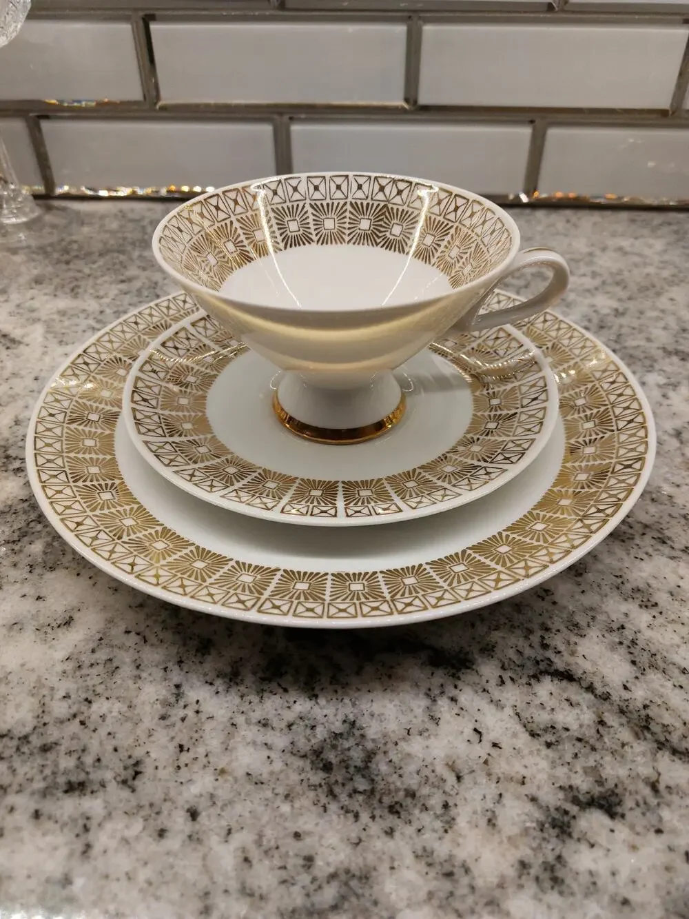 Bareuther Waldsassen Bavaria Gold Porcelain Tea Cup Saucer Plate Trio Set 22K